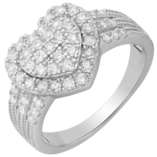 18K White Gold Plated Brass And Simulated Diamonds Heart Shape Ring