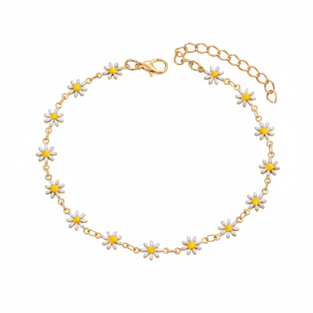 White Enamel & Goldtone Mum Station Chain Anklet