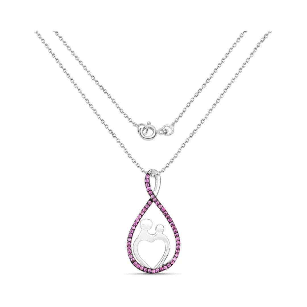 0.50 Ct Round Pink Lab Grown Ruby Prong Silver Mom Heart Pendant Necklace