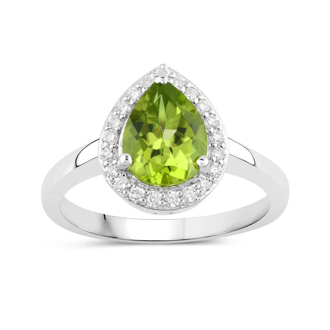 1.46 Ct Pear Green Peridot and Lab Diamond Prong Silver Halo Bridge Ring