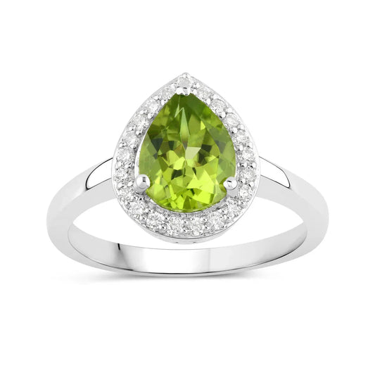 1.46 Ct Pear Green Peridot and Lab Diamond Prong Silver Halo Bridge Ring
