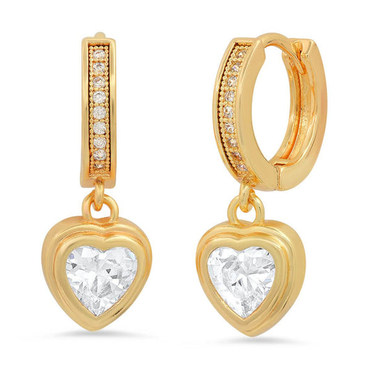 Steeltime Unisex Iced Out Huggie Charm Pendant Brass Earrings with Simulated Diamonds Jewelry Gift (Heart / 18K Gold Plated)