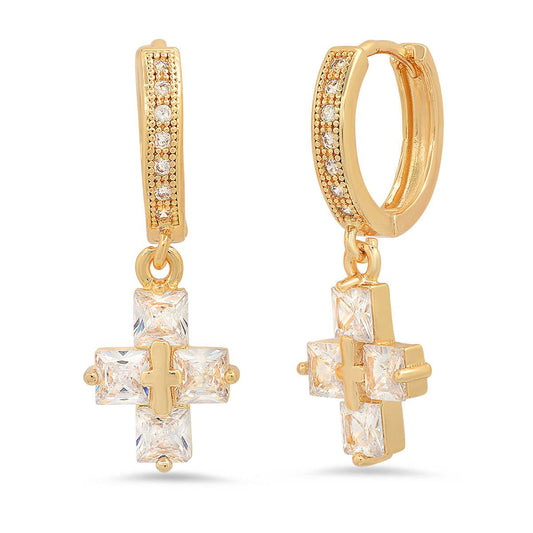 Steeltime Unisex Iced Out Huggie Charm Pendant Brass Earrings with Simulated Diamonds Jewelry Gift (Iced Out Cross )