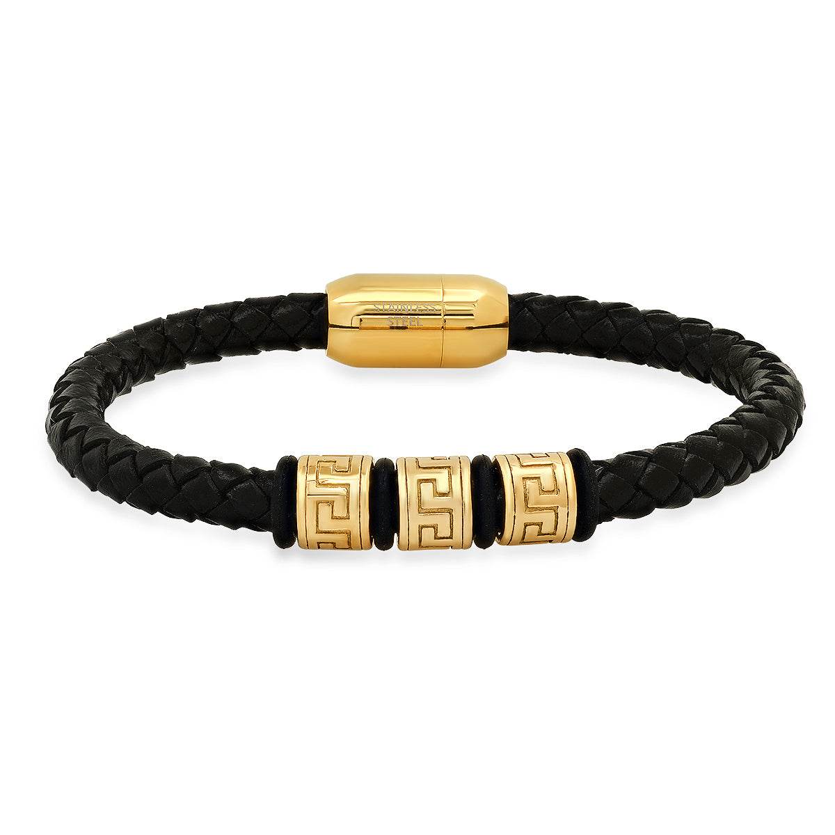 Luxe Braided Leather Triple Greek Key Bracelet