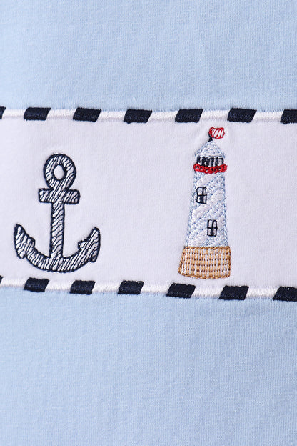 Blue sailboat embroidery gingham shorts set