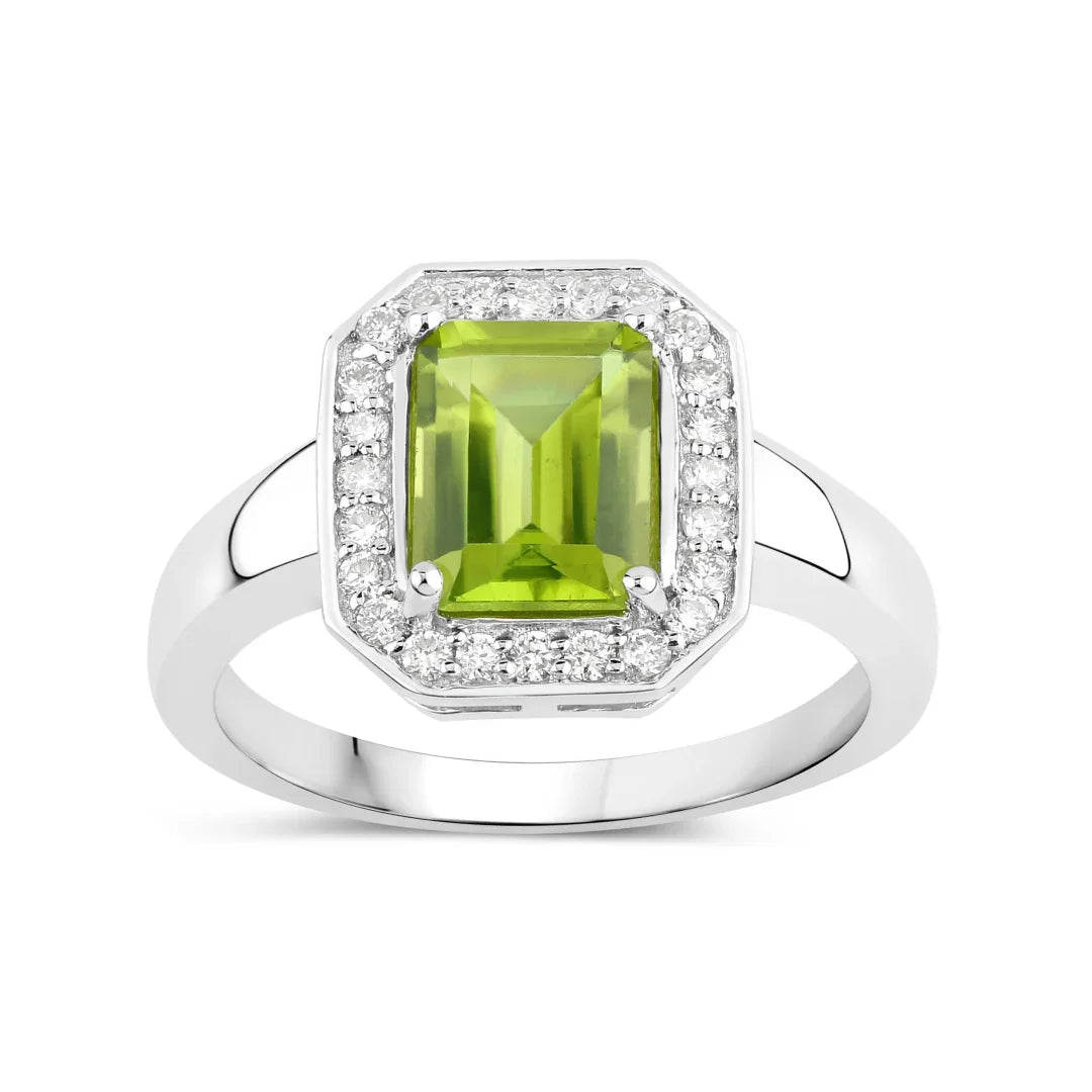 1.60 Ct Octagon Green Peridot and Lab Diamond Prong Silver Halo Bridge Ring