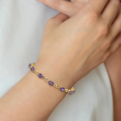Oval Purple Amethyst & Diamond Prong 14K Yellow Gold Link Bracelet