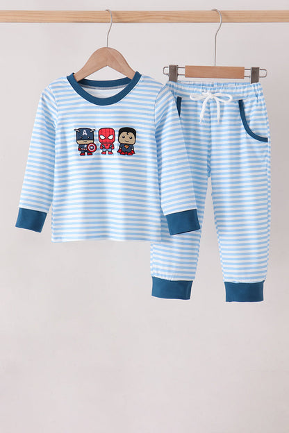 Blue Character Embroidery Stripe Pants Set