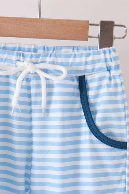 Blue Character Embroidery Stripe Pants Set