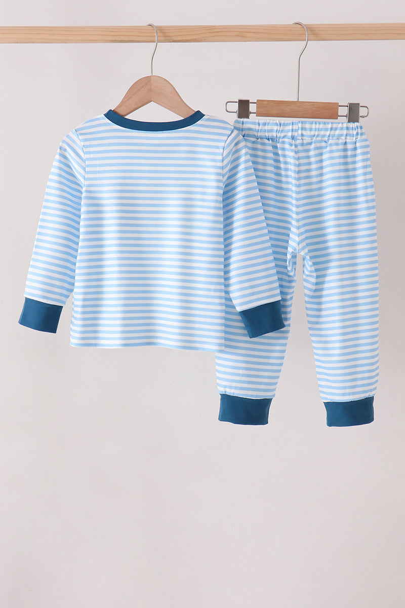 Blue Character Embroidery Stripe Pants Set
