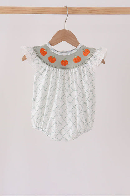 Sage Pumpkin Embroidery Bow Ruffle Bubble