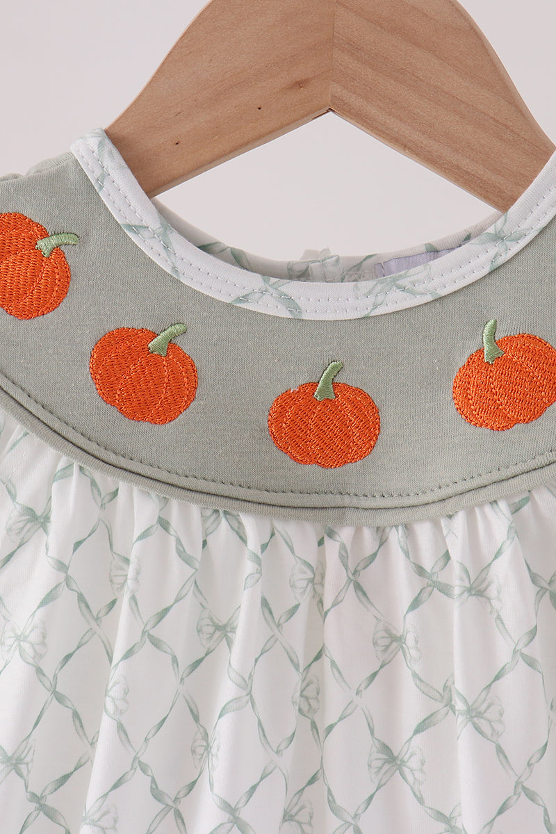 Sage Pumpkin Embroidery Bow Ruffle Bubble