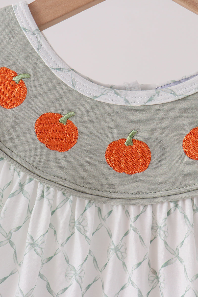 Sage Pumpkin Embroidery Bow Ruffle Dress