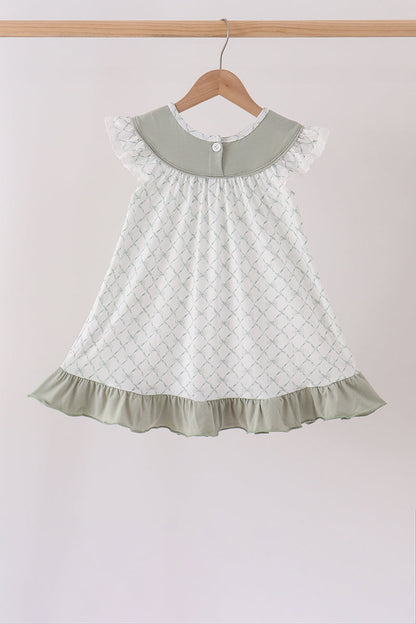 Sage Pumpkin Embroidery Bow Ruffle Dress