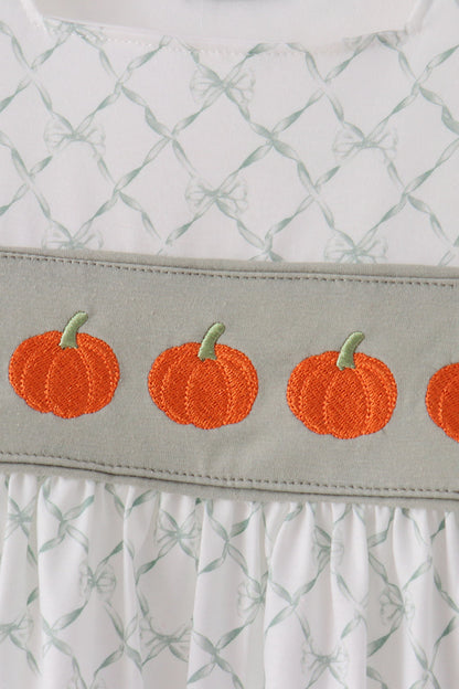 Sage Pumpkin Embroidery Bow Ruffle Shorts Set