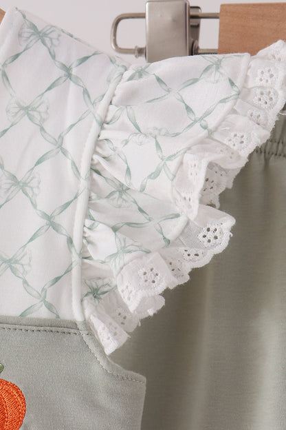Sage Pumpkin Embroidery Bow Ruffle Shorts Set