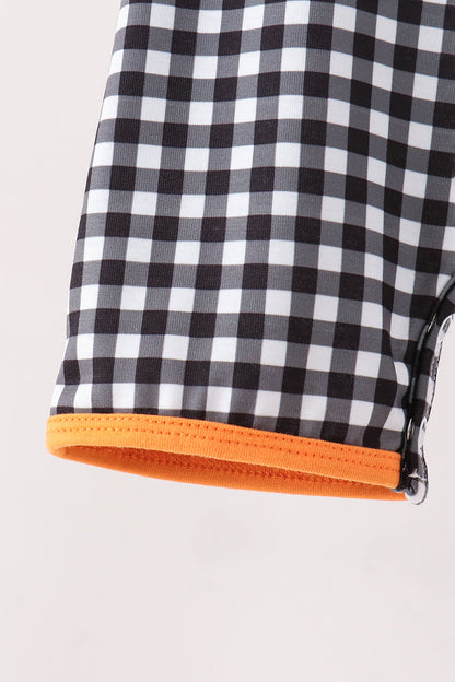 Black Ghost Spider Embroidery Gingham Romper