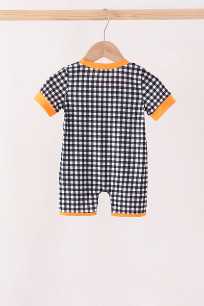 Black Ghost Spider Embroidery Gingham Romper
