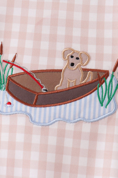 Khaki Puppy Fishing Gingham Romper