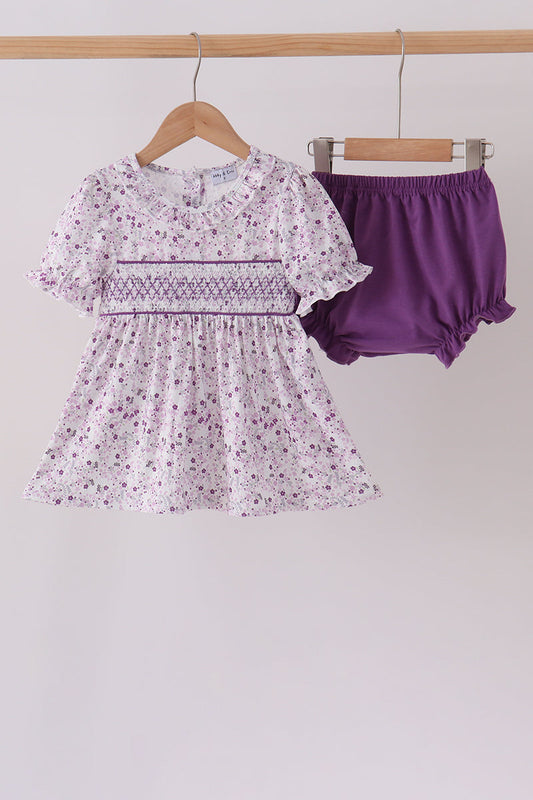 Purple Floral Smocked Ruffle Bloomer Set