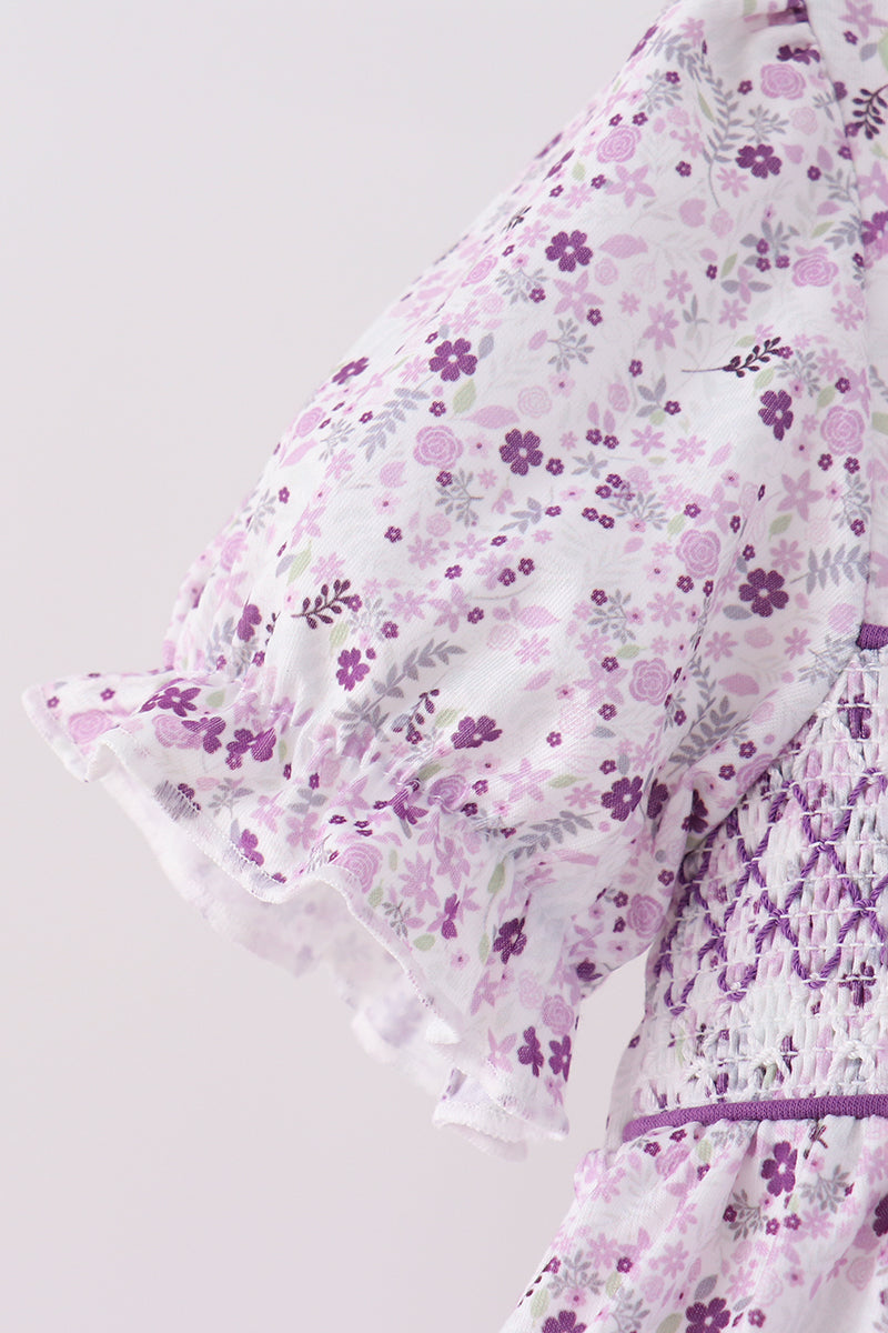 Purple Floral Smocked Ruffle Bloomer Set