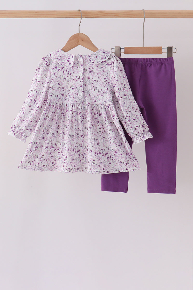 Purple Floral Smocked Pants Set