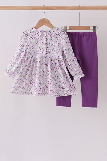Purple Floral Smocked Pants Set