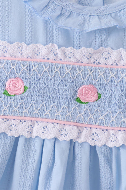 Blue Floral Smocked Lace Ruffle Dress