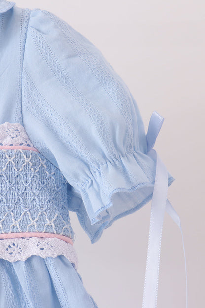 Blue Floral Smocked Lace Ruffle Dress