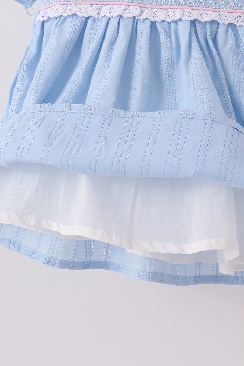 Blue Floral Smocked Lace Ruffle Dress