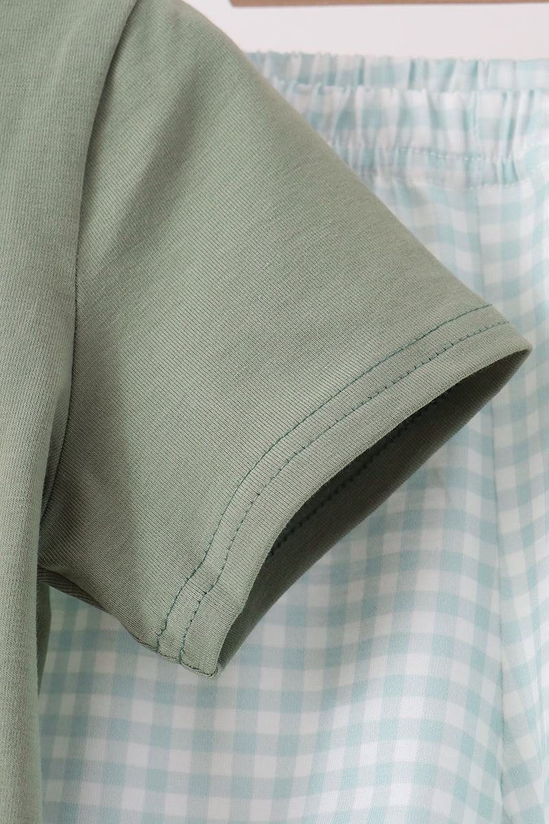 Sage Pumpkin Embroidery Gingham Shorts Set