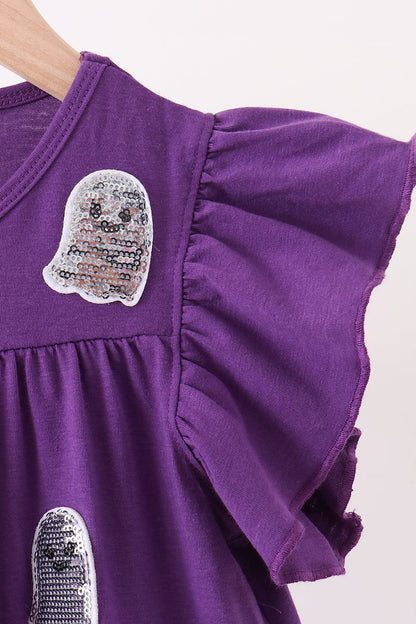 Purple Ghost Pumpkin Sequin Ruffle Dress