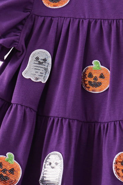Purple Ghost Pumpkin Sequin Ruffle Dress