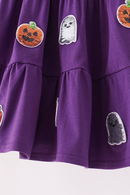Purple Ghost Pumpkin Sequin Ruffle Dress