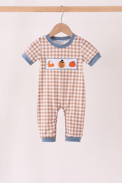 Brown Turkey Pumpkin Embroidery Gingham Romper