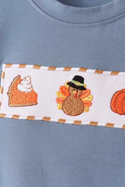 Blue Turkey Pumpkin Embroidery Gingham Pants Set