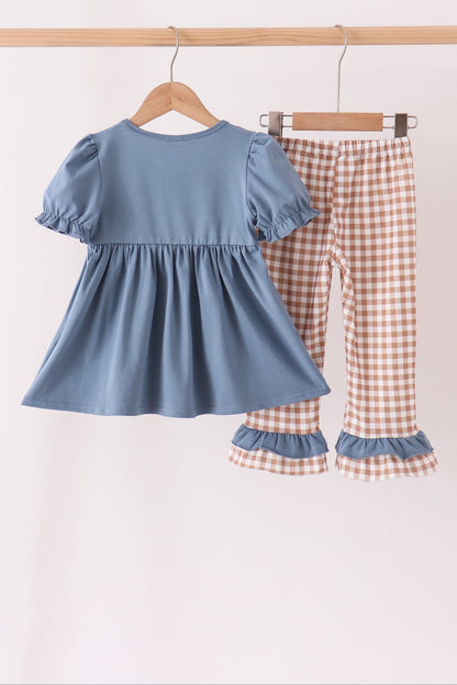 Blue Turkey Pumpkin Embroidery Gingham Ruffle Pants Set