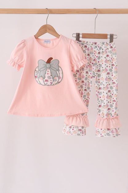 Pink Pumpkin Bow Appliqué Ruffle Pants Set