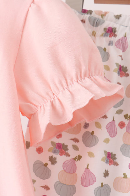 Pink Pumpkin Bow Appliqué Ruffle Pants Set