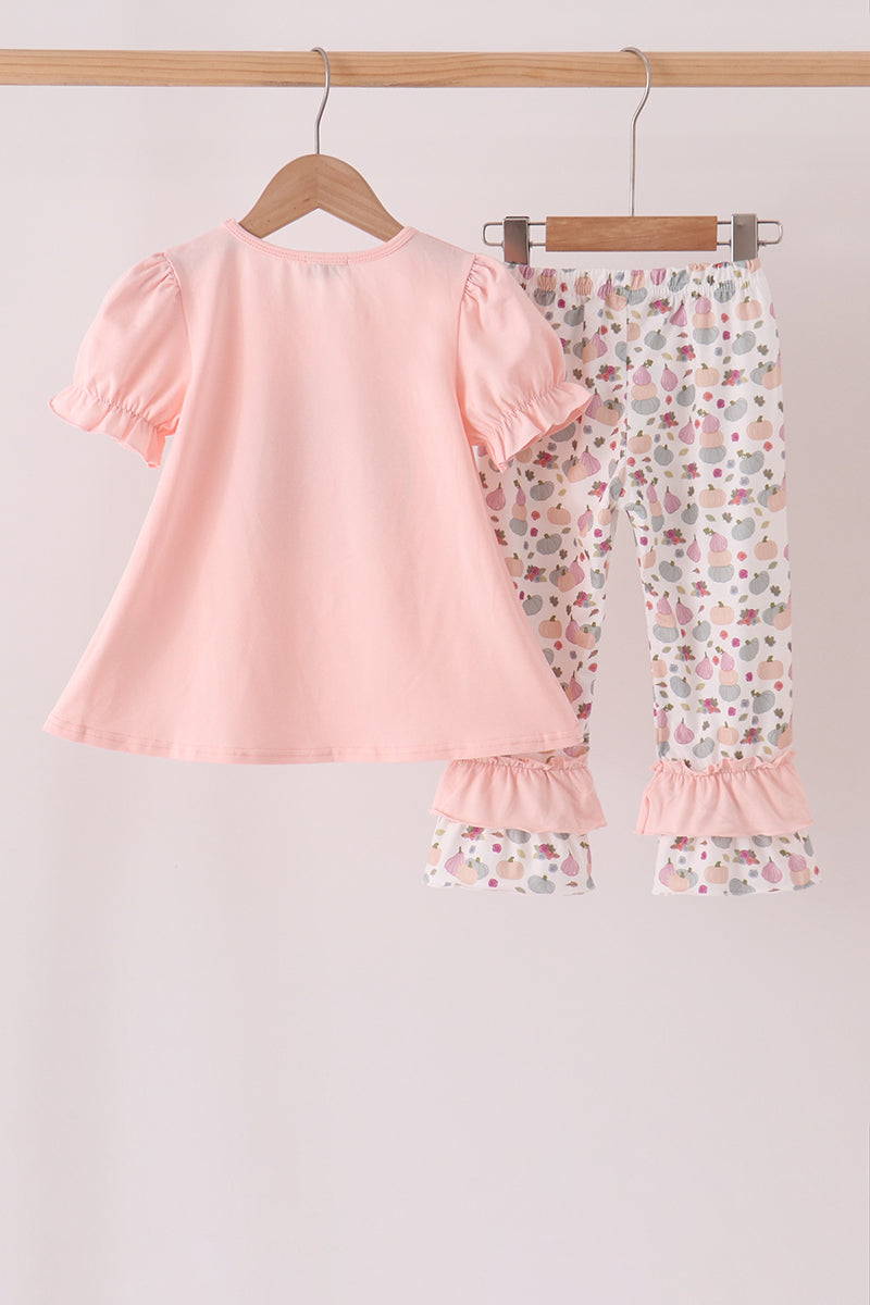 Pink Pumpkin Bow Appliqué Ruffle Pants Set