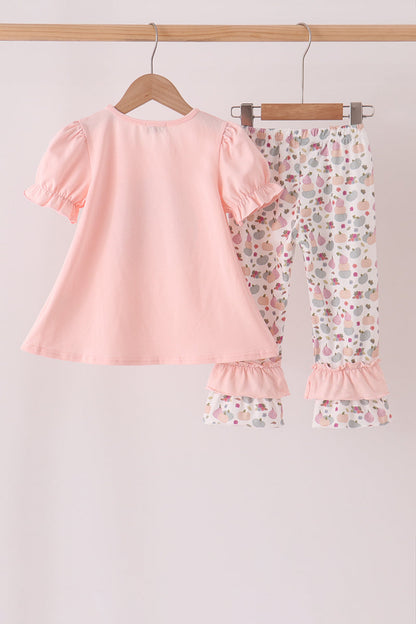 Pink Pumpkin Bow Appliqué Ruffle Pants Set