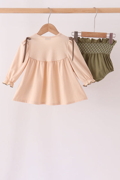 Khaki Floral Smocked Bloomer Set