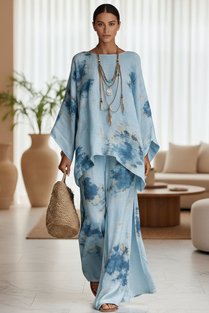 Floral Print Bamboo Linen Two-Piece Set with Wide-Leg Pants