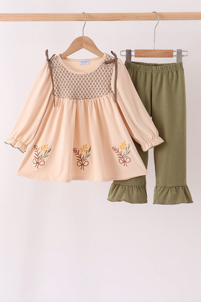 Khaki Floral Smocked Ruffle Pants Set