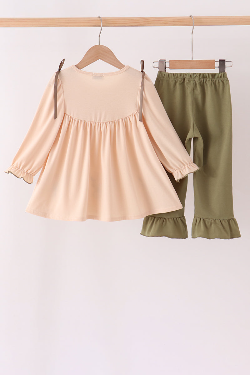 Khaki Floral Smocked Ruffle Pants Set