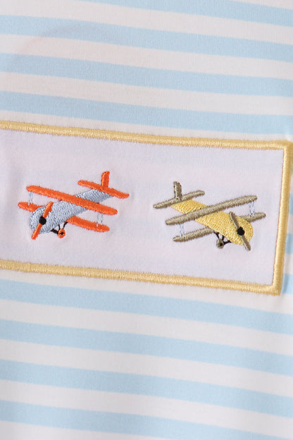 Blue Airplane Embroidery Stripe Romper