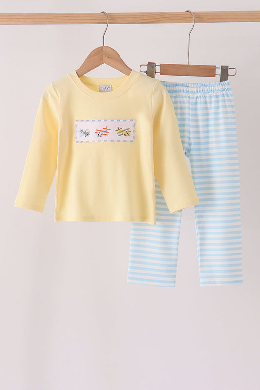 Blue Airplane Embroidery Stripe Pants Set