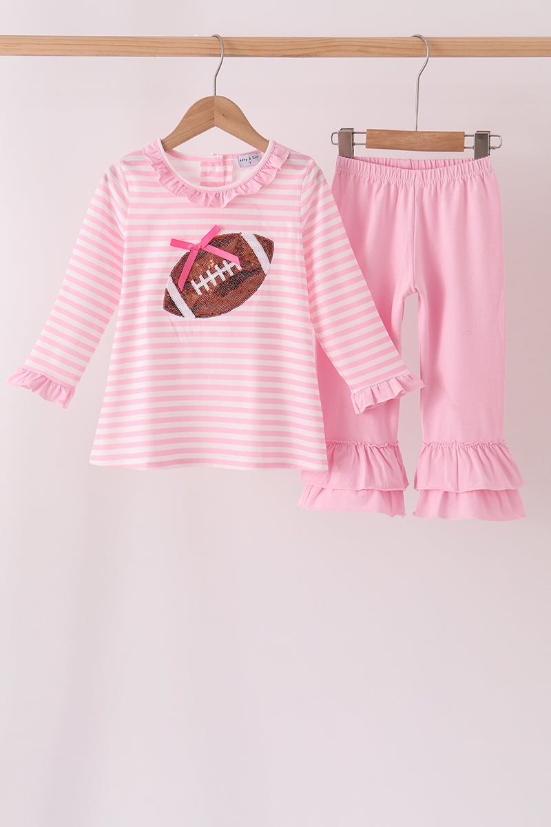 Pink Football Sequin Stripe Ruffle Pants Set