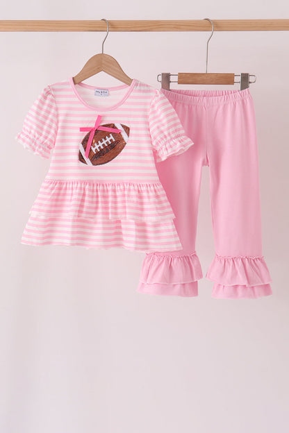 Pink Football Sequin Stripe Ruffle Pants Set