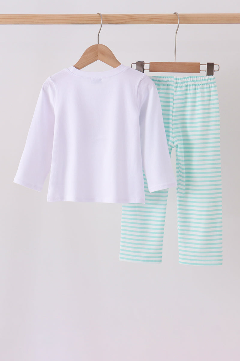 Green Excavator French Knot Stripe Pants Set